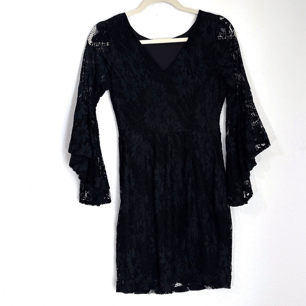 Lulus Black Lace Bell Sleeve Mini Dress Small Witchy Dark Fairygoth Whimsical - Picture 4 of 10